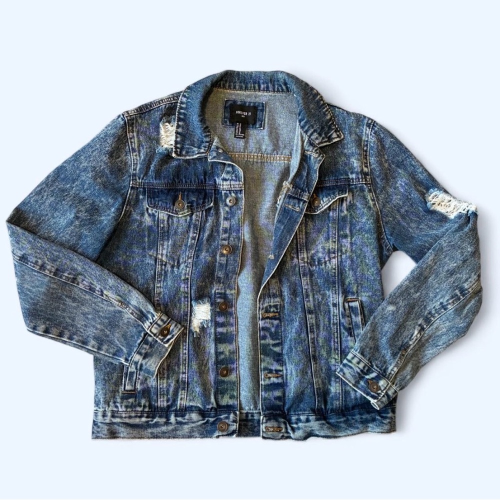 Forever 21 Distressed blue denim jacket Rockabilly indie distressed 100% cotton